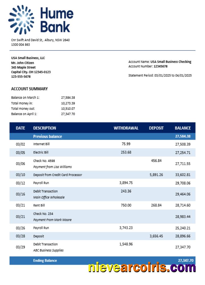Humebank enterprise account statement
